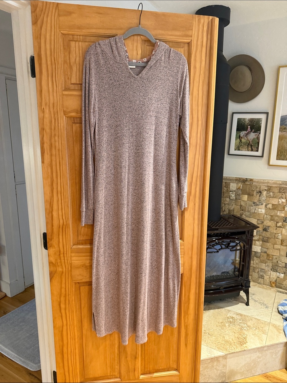Long-Sleeve Hooded Maxi Dress in Taupe Heather
